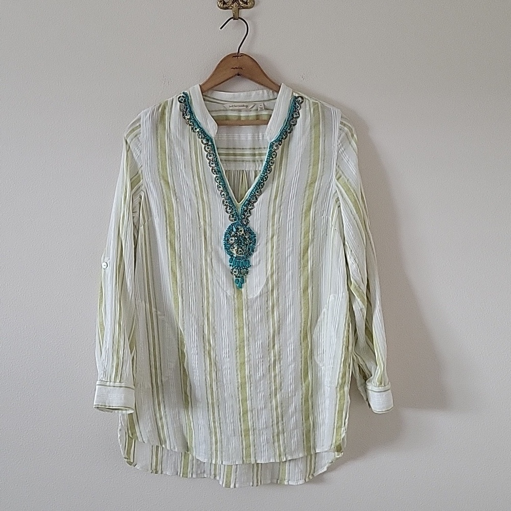 Soft Surroundings White Lime Striped Cotton Tunic Beaded Neckline Size Medium